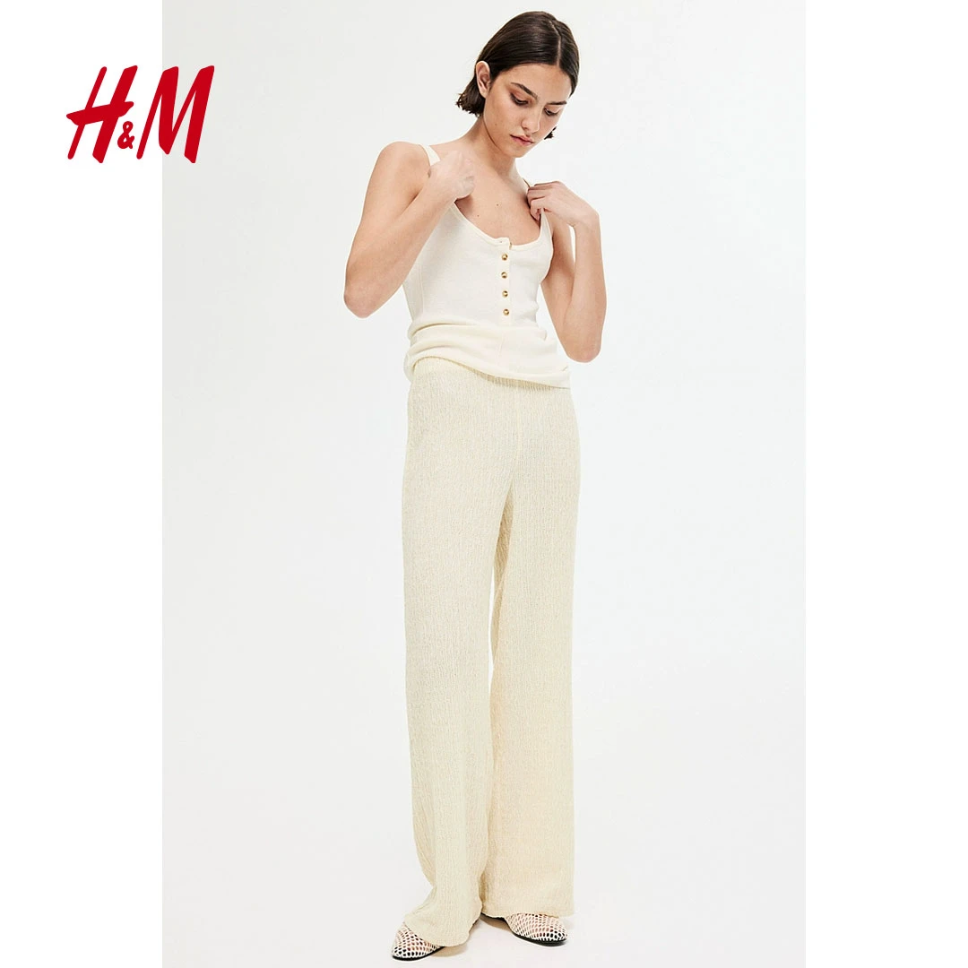 HM女装休闲裤春时尚肌理感松紧高腰显瘦汗布宽松直筒长裤1195434