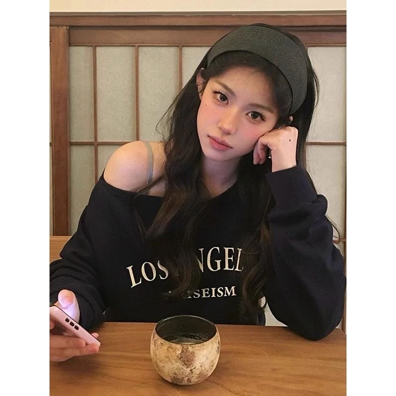 美式复古长袖套头斜肩卫衣女春秋款无帽宽松慵懒风设计感小众上衣