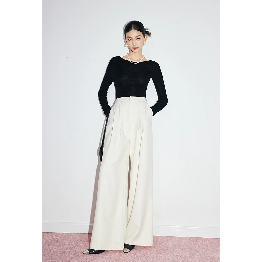 【MandyZhang】法式流行白色休闲裤女春季高腰压褶西装阔腿裤子新