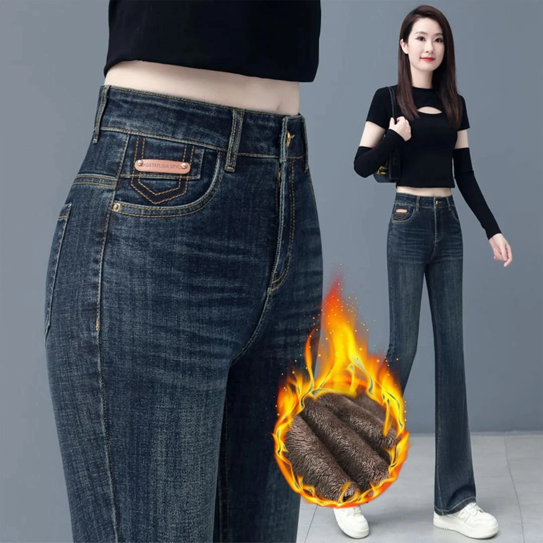 啄木鸟复古微喇牛仔裤女秋冬季高腰修身显瘦弹力加厚加绒喇叭裤