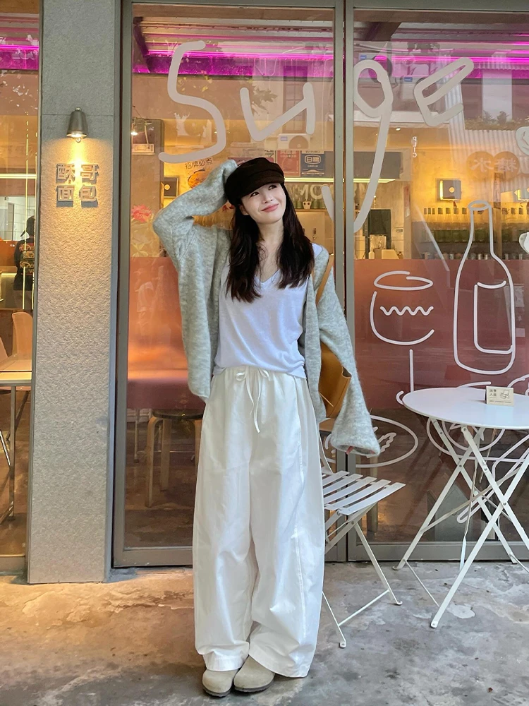 2025秋季新款韩系通勤慵懒感穿搭灰色气质针织开衫休闲阔腿裤套装