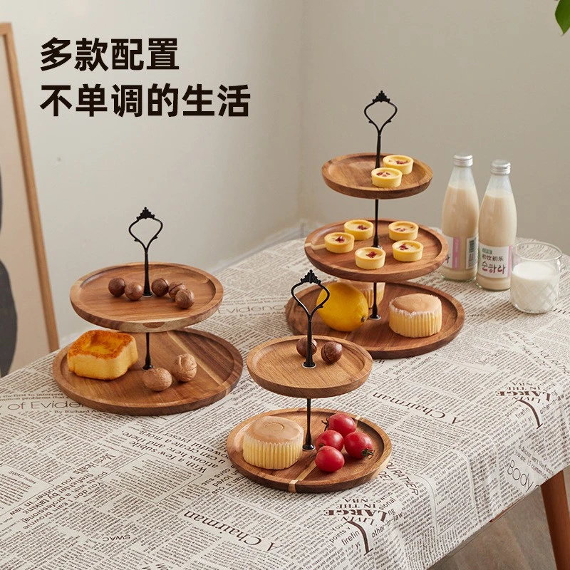 简约风双层三层款纯色木制果盘点心盘干果盘糖果盘家用可手提移动