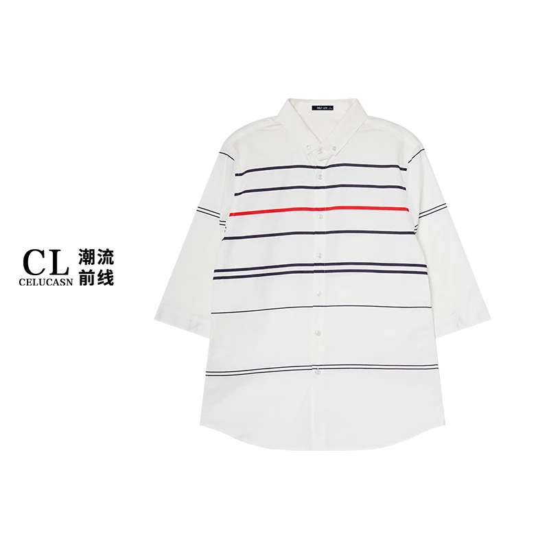 春8CI3003#男士夏季新款男款潮流条纹撞色印花休闲衬衫立领修身秋