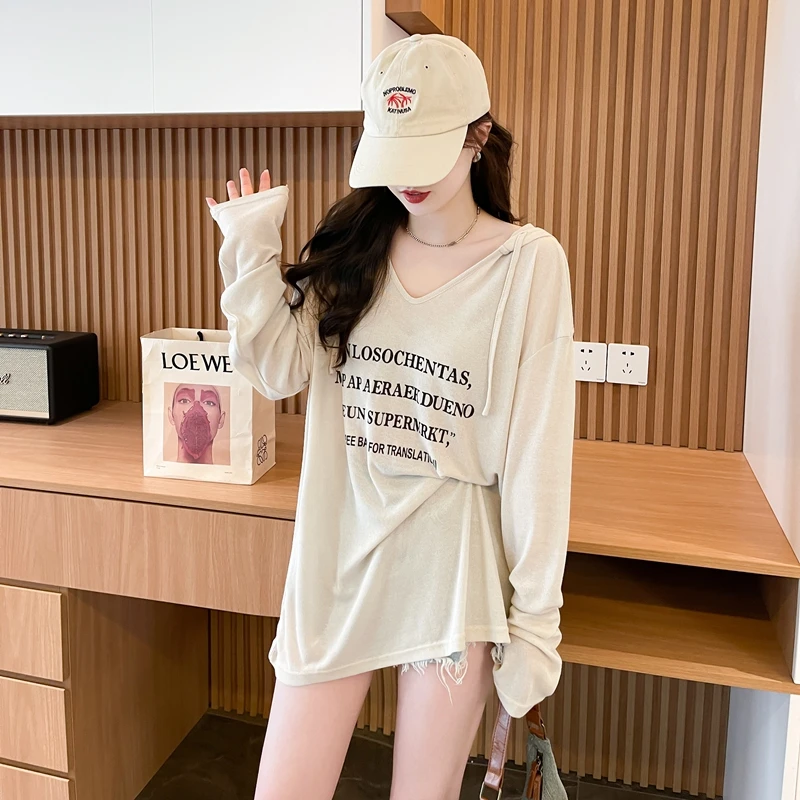 中长款连帽上衣女夏季薄款防晒罩衫遮屁股下衣失踪设计感长袖T恤