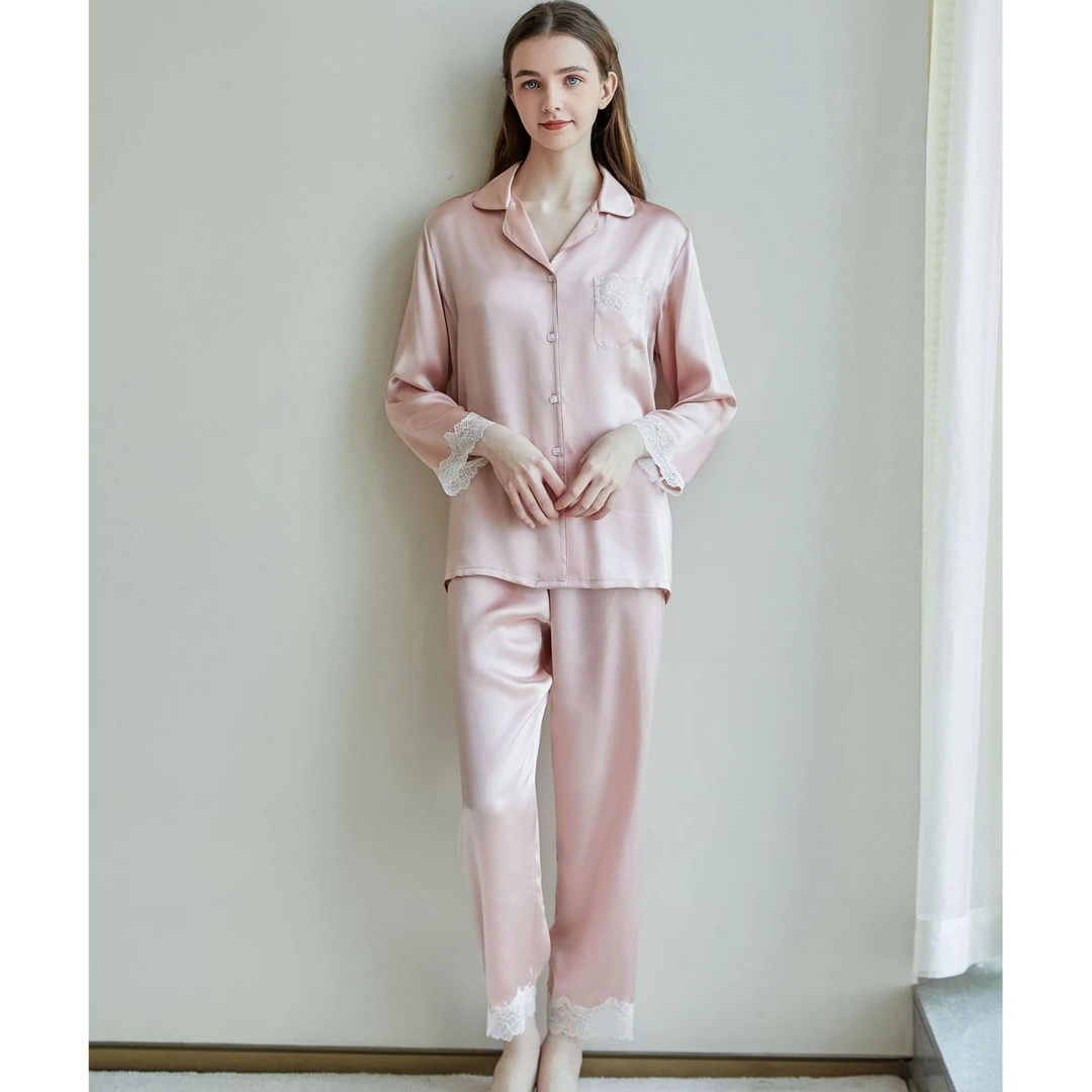 新款19姆米重磅真丝睡衣套装高级100%桑蚕丝长袖项链家居服