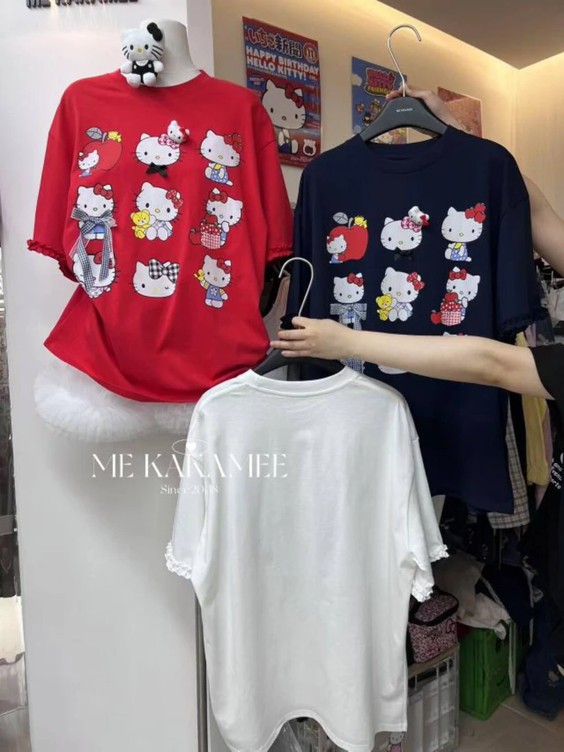 2025韩国东大门夏季新款韩系卡通kitty猫短袖T恤大版女配可拆公仔
