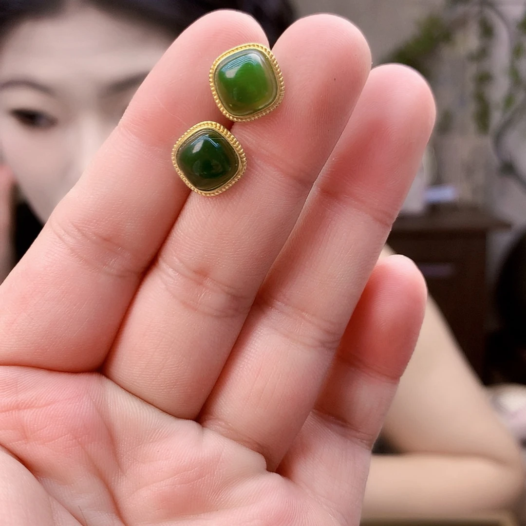 和田玉（碧玉）银S925镶嵌吊坠(不含链)耳钉