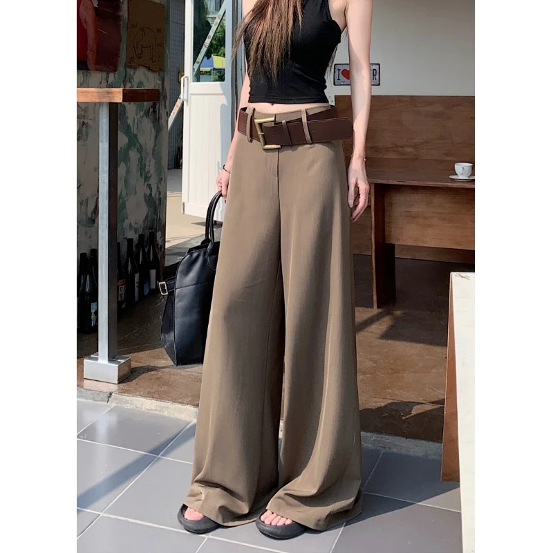 【现货+送腰带】老钱风西装休闲裤女秋季垂感高腰直筒阔腿拖地长裤