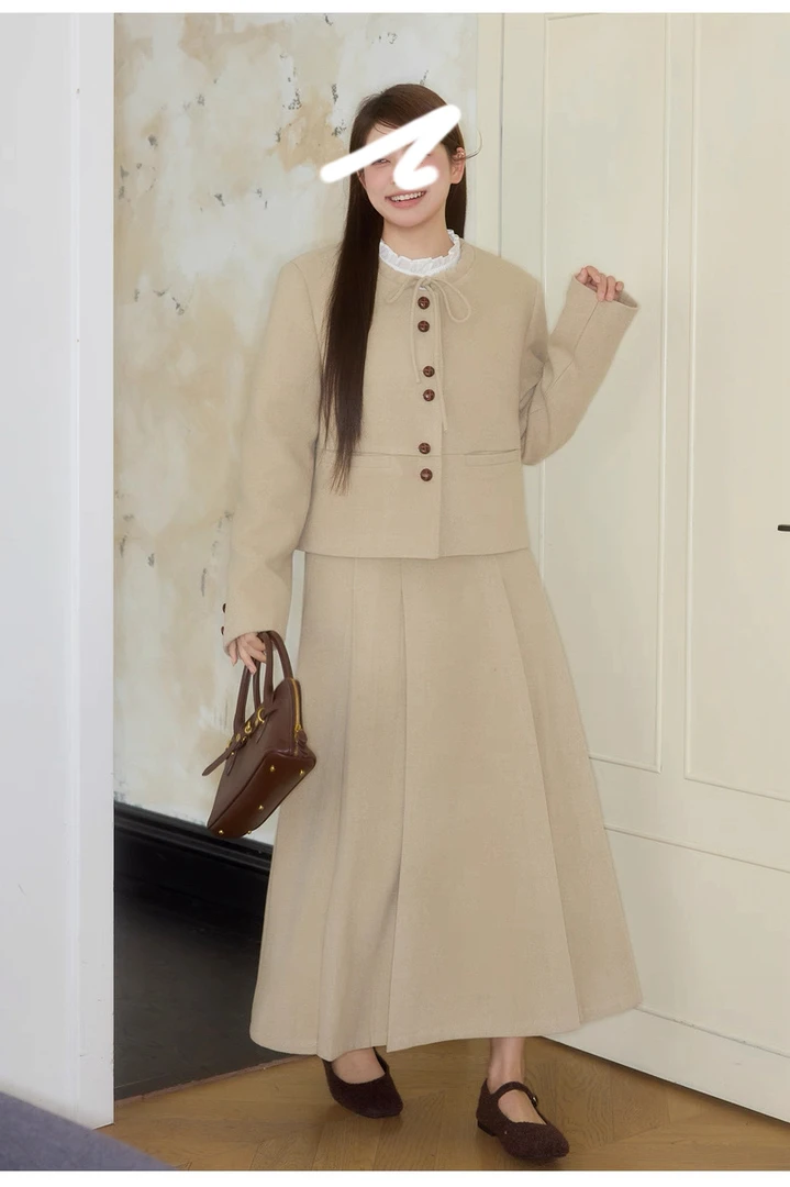 教堂冬日诗  韩系毛呢小香风短外套高腰半裙套装