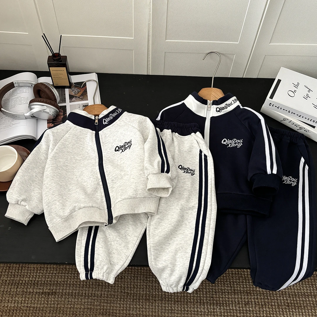 儿童套装秋季新款2025刺绣外套长裤男童女童韩版宽松拉链衫两件套