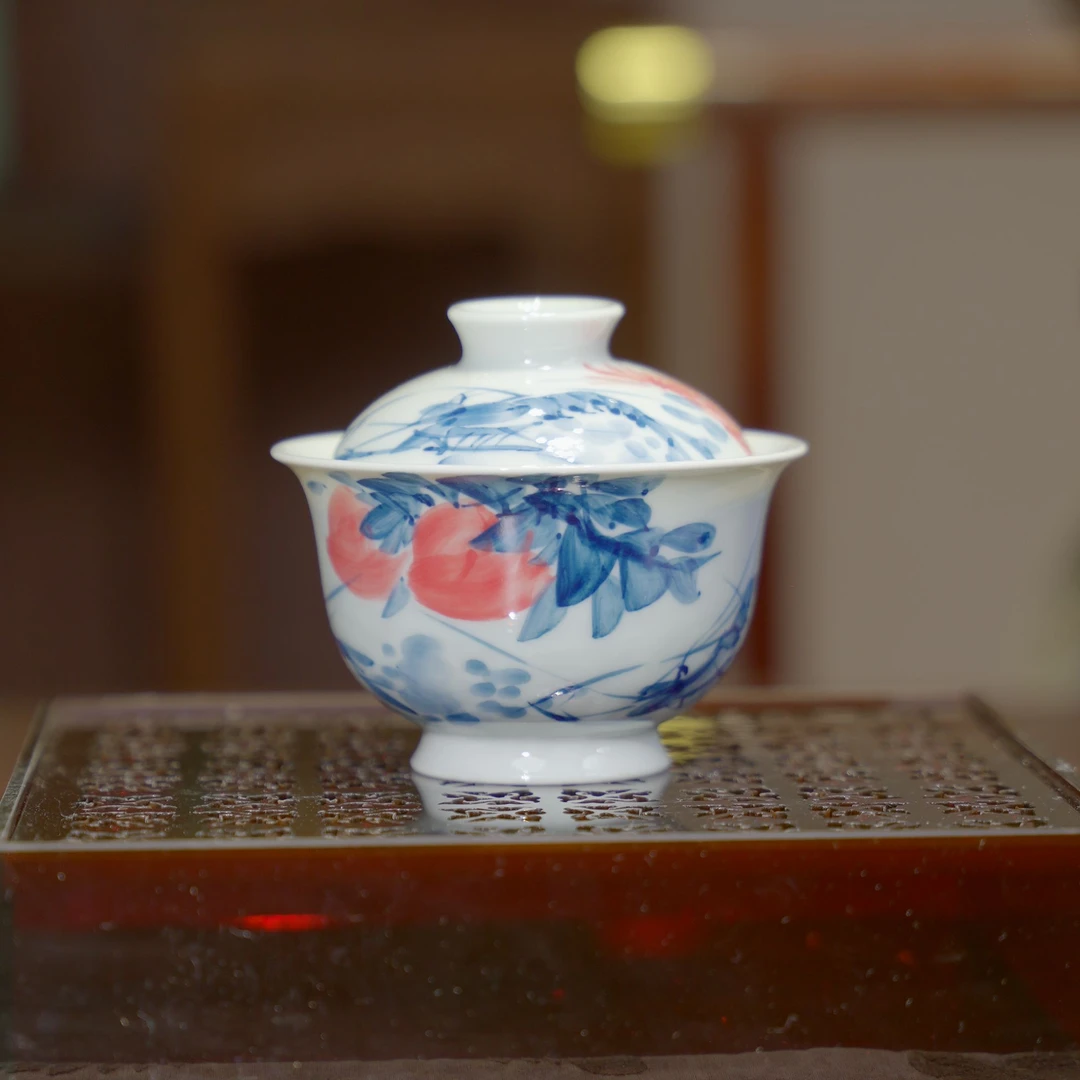 红丰窑 |写意虾大元宝盖碗120ml 景德镇陶瓷纯手工手绘茶杯茶具