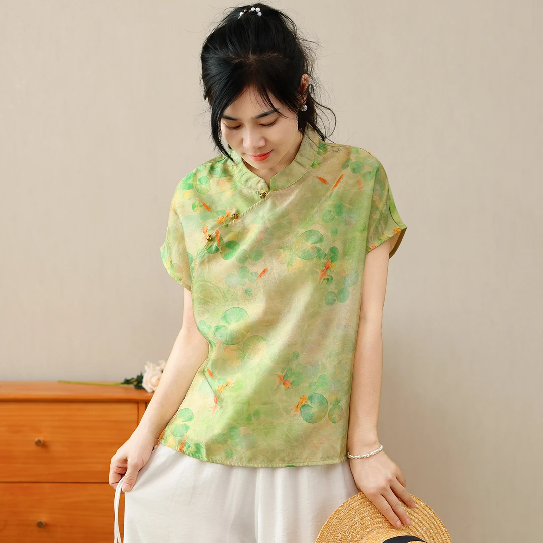 [美莲专属]薄款新中式花纹提花中国风格子上衣春夏唐装时髦小姨风