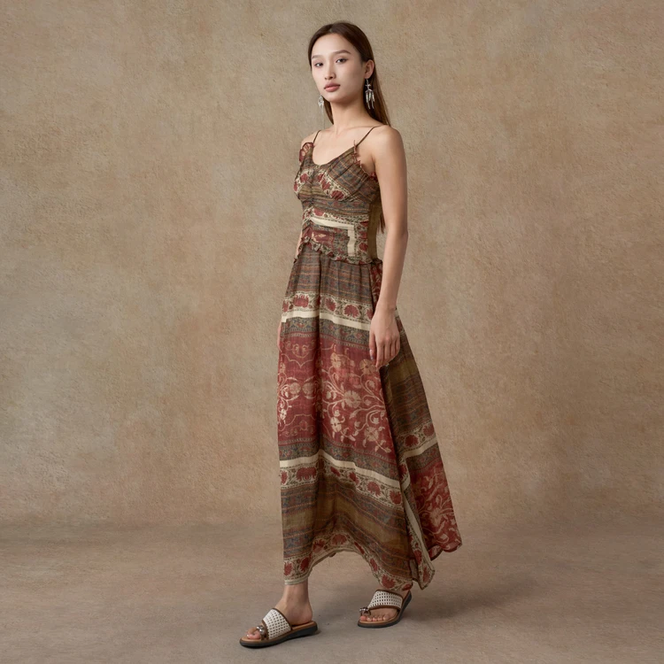 西町村屋复古民族风印花连衣裙女夏季新款气质长款裙子XXAB10563
