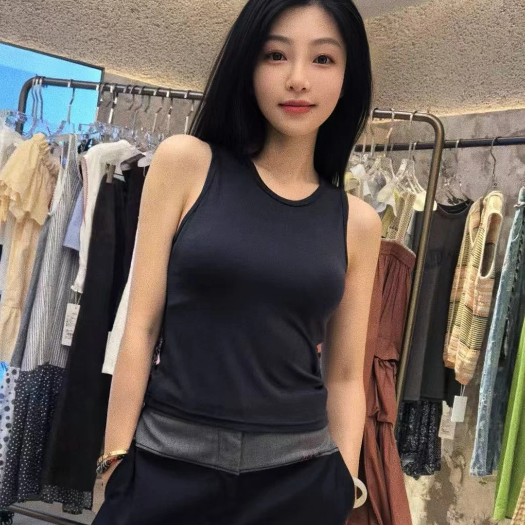 藏青色修身百搭显瘦背心拼接西装短裤套装