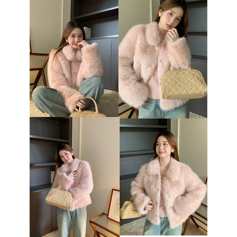 【初雪降临】小个子翻领短外套女仿皮毛一体可爱时尚保暖毛毛外套