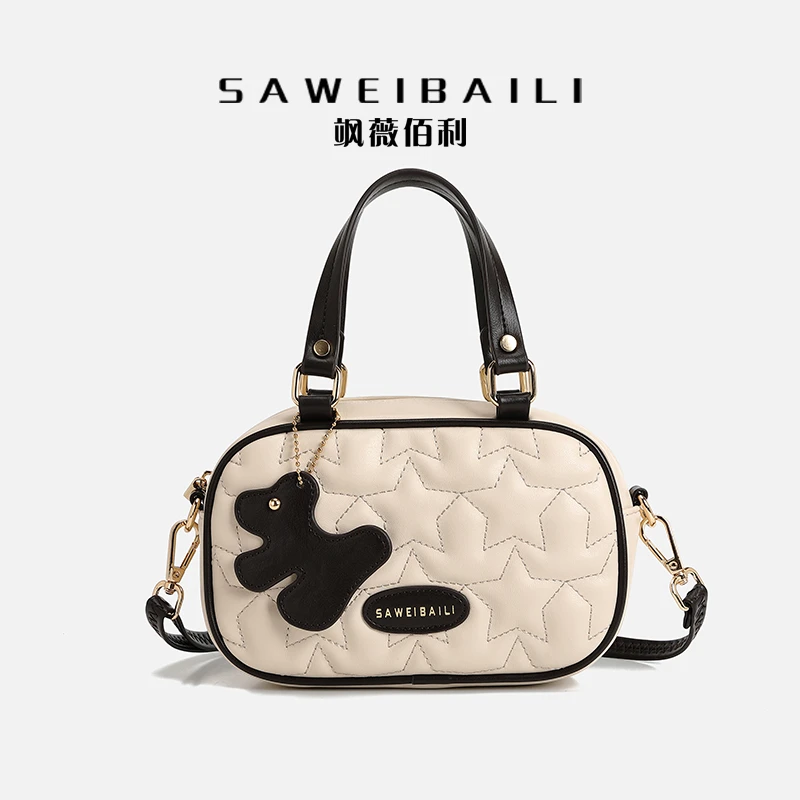 SAWEIBAILI黑白日记撞色绣线波士顿包斜挎包-5594