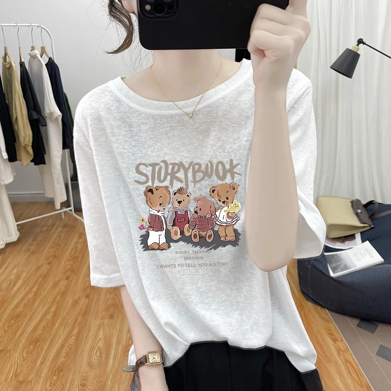 2025新款雪花棉亚麻短袖T恤女薄款上衣夏圆领宽松透气打底衫棉麻