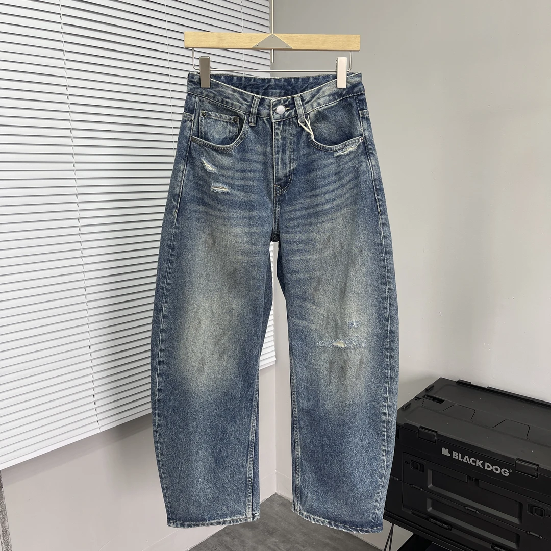 秋季美式休闲水洗浅蓝牛仔裤男宽松阔腿弯刀裤潮流长裤破洞拖地裤