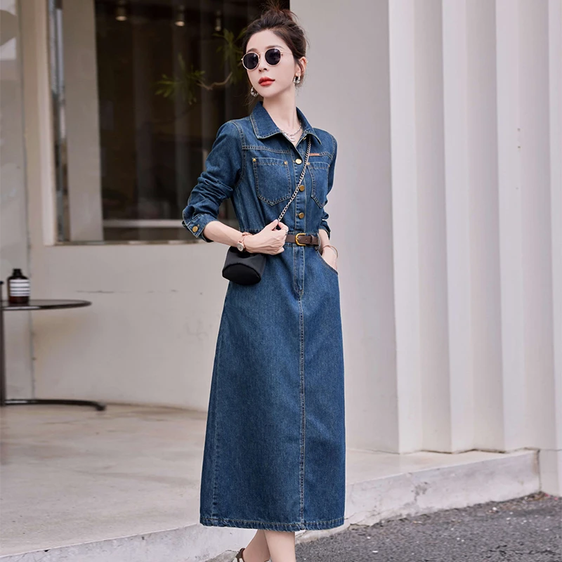 牛仔连衣裙女2025春秋新款宽松休闲翻领长袖气质牛子连身裙中长款