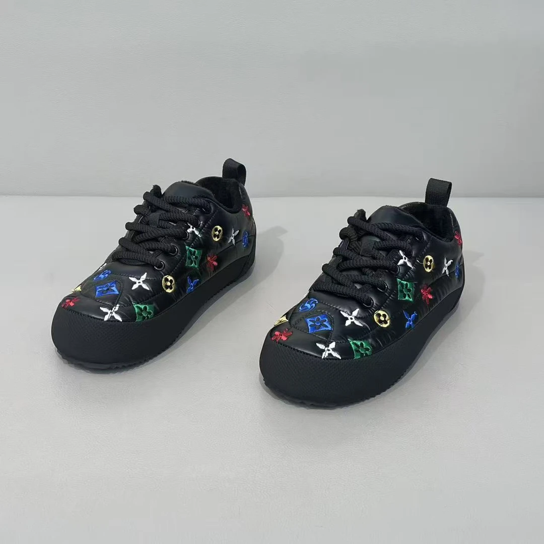 男鞋2025冬季新款时尚百搭平跟印花面包鞋加绒保暖休闲防寒棉鞋男