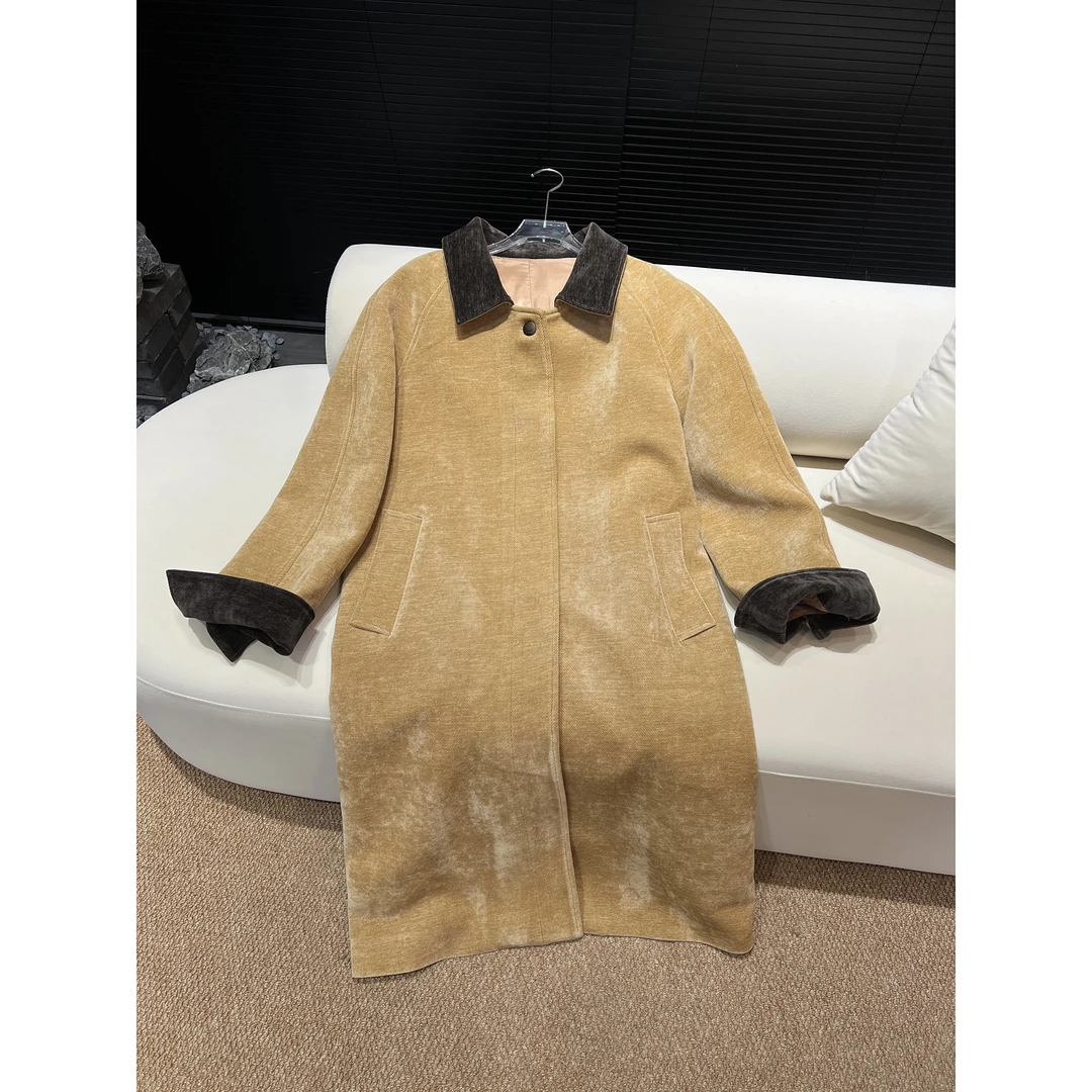 NEW MMSJ 雪花绒 丝绒卡其撞色大衣（清）