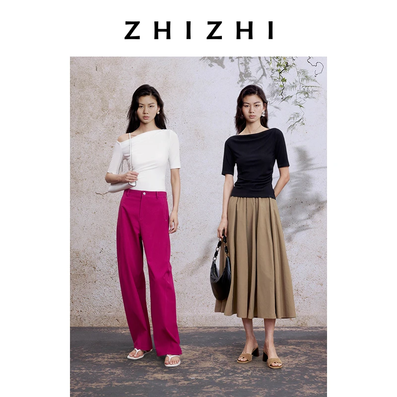 致知 春晓 日常优雅一字肩T恤女2025夏季新款高弹ZZ2EMWT9036