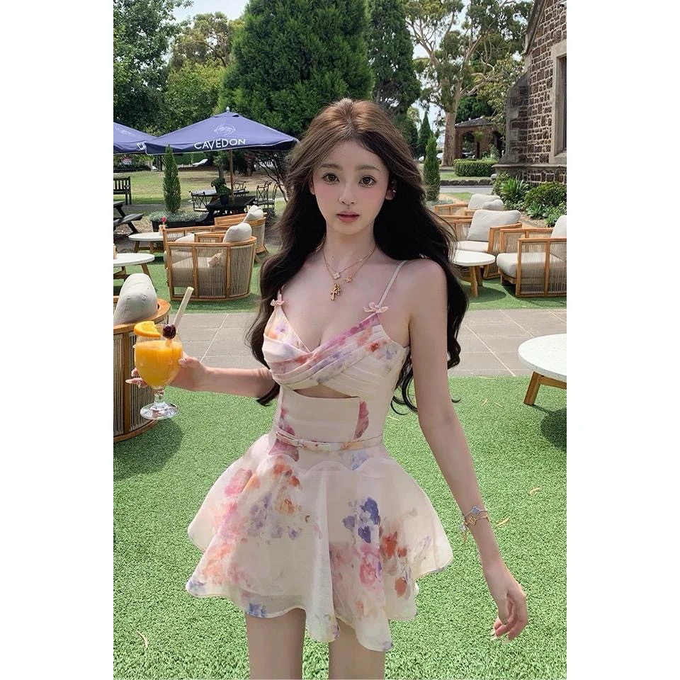 你的懒懒llan旖旎花境印花性感交叉设计感印花仙女吊带连衣裙女