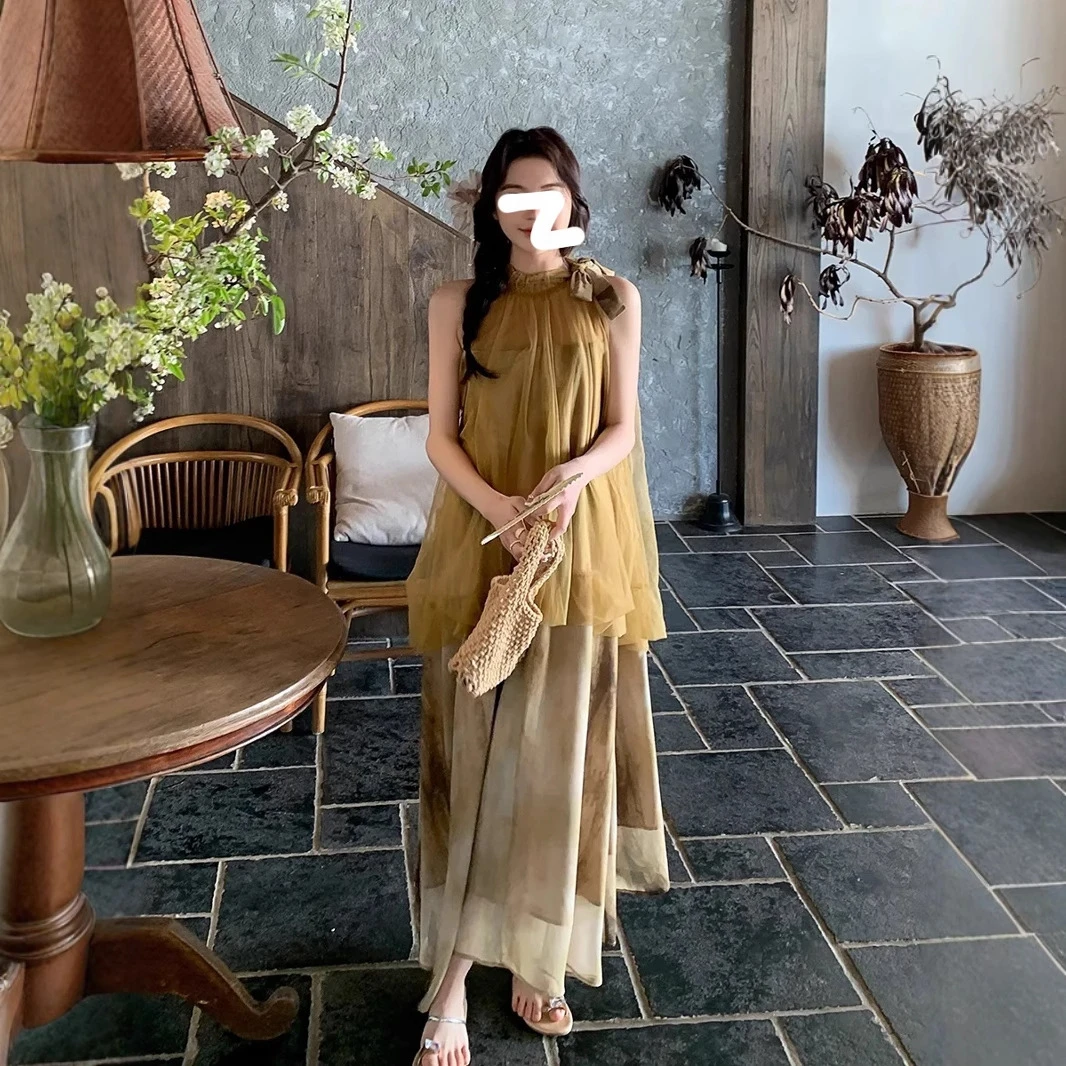 国风国潮绝美连衣裙女夏季2025新款网纱拼接超好看扎染挂脖假两件