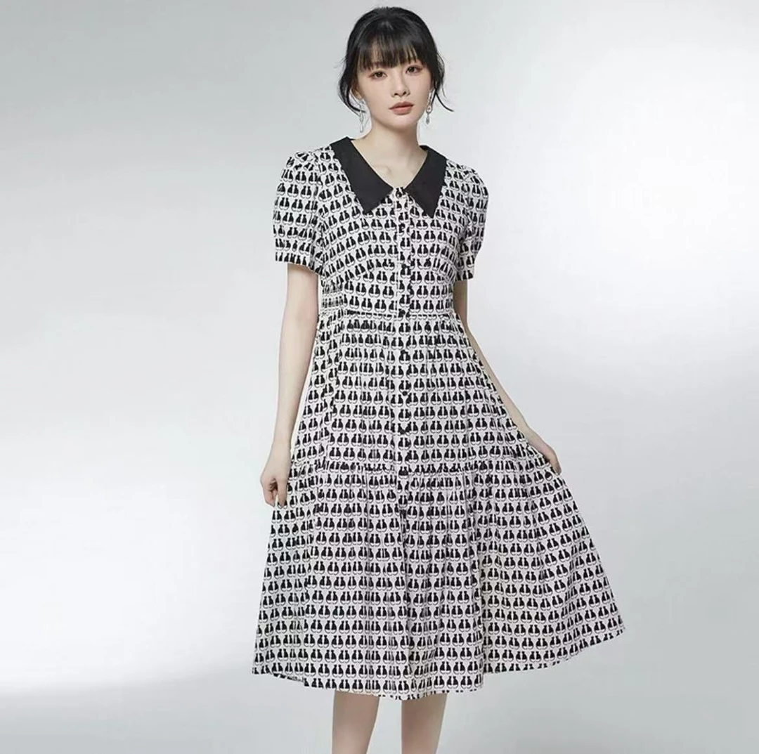 A038 夏季复古中长款娃娃领碎花收腰连衣裙