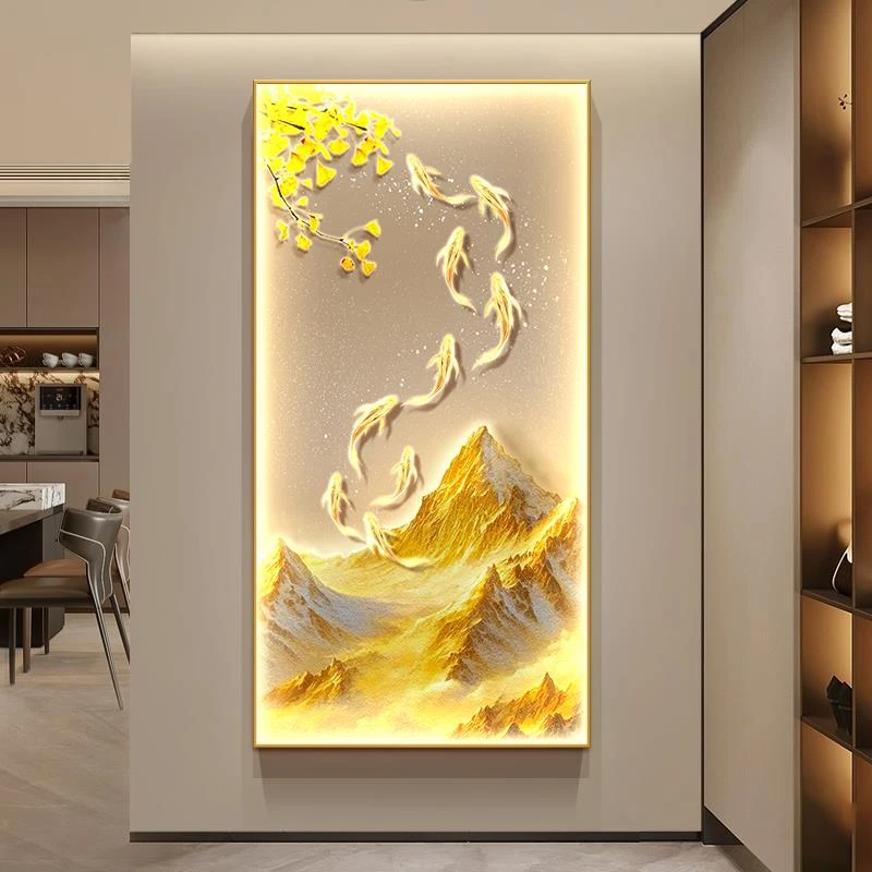 LED灯九鱼图入户玄关装饰画轻奢高级感挂画背靠金山走廊过道壁画