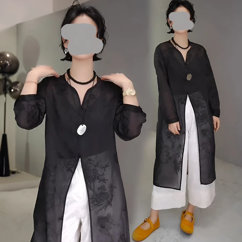 新中式国风盘扣刺绣长袖衬衫女2025夏季新款宽松中长款防晒上衣女