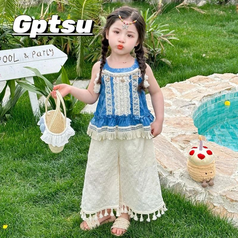 GPTSu女童套装夏季2025新款洋气儿童背心套装阔腿裤民族风两件套