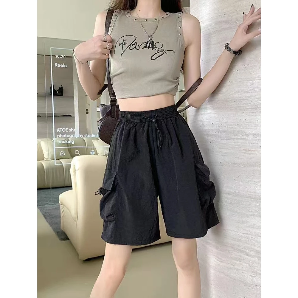 夏季外穿百搭阔腿中裤潮流韩版休闲女款高腰显瘦慵懒筒裤短裤工装