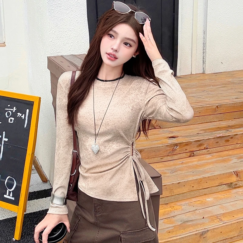 不规则绑带褶皱长袖T恤女2025秋季新款小个子修身显瘦打底小衫潮
