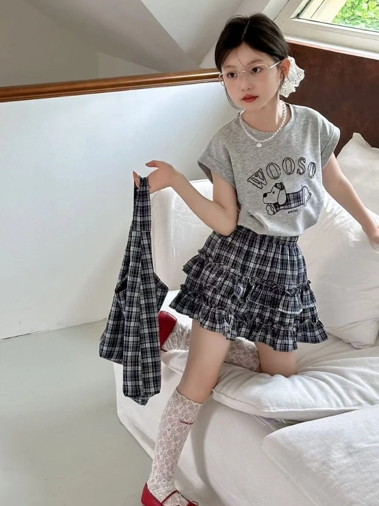 女童套装夏季2025新款儿童夏装短袖洋气小女孩格子蛋糕裙两件套潮