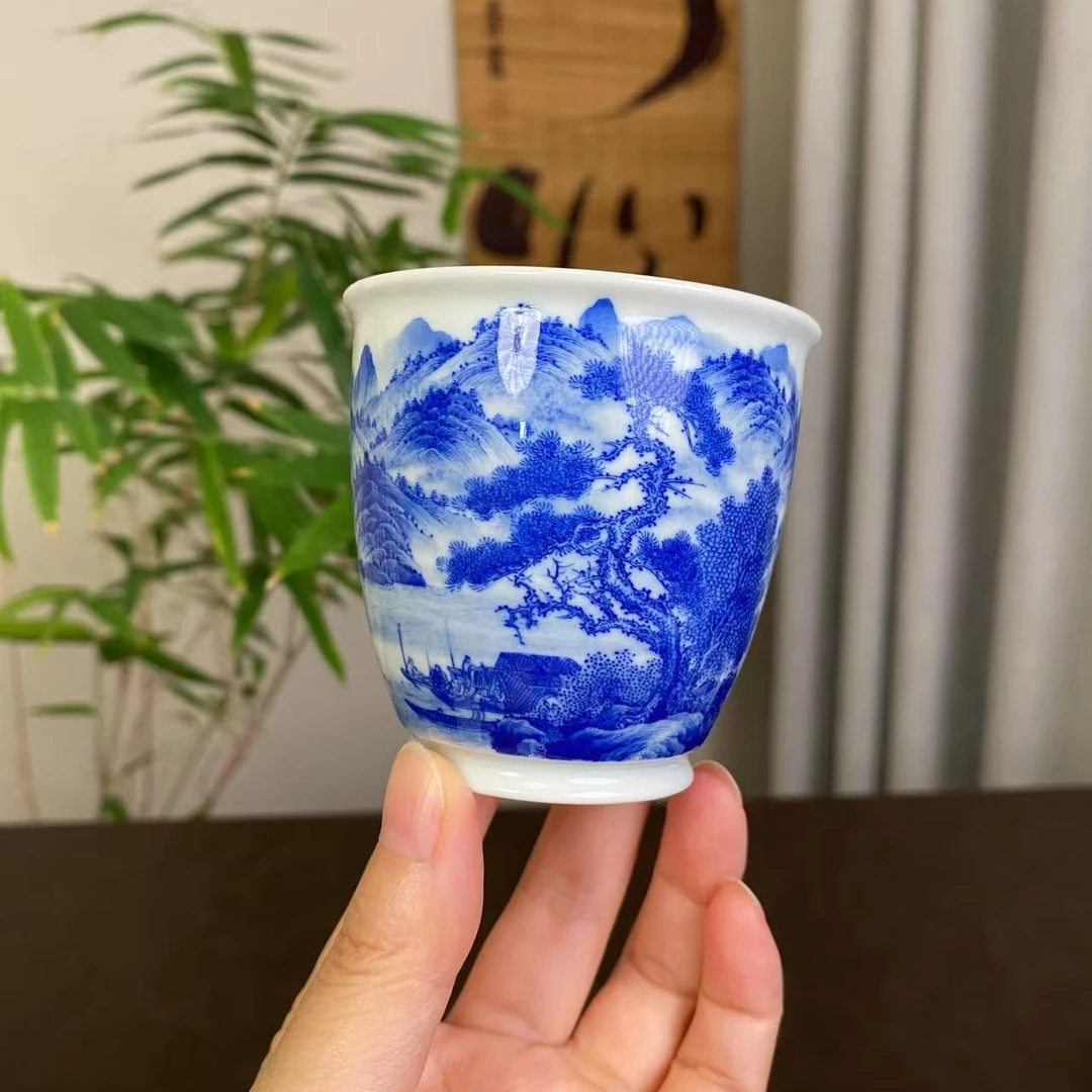 【四悦茶陶】青花山水渔乐图  景德镇陶瓷手工手绘    容量110