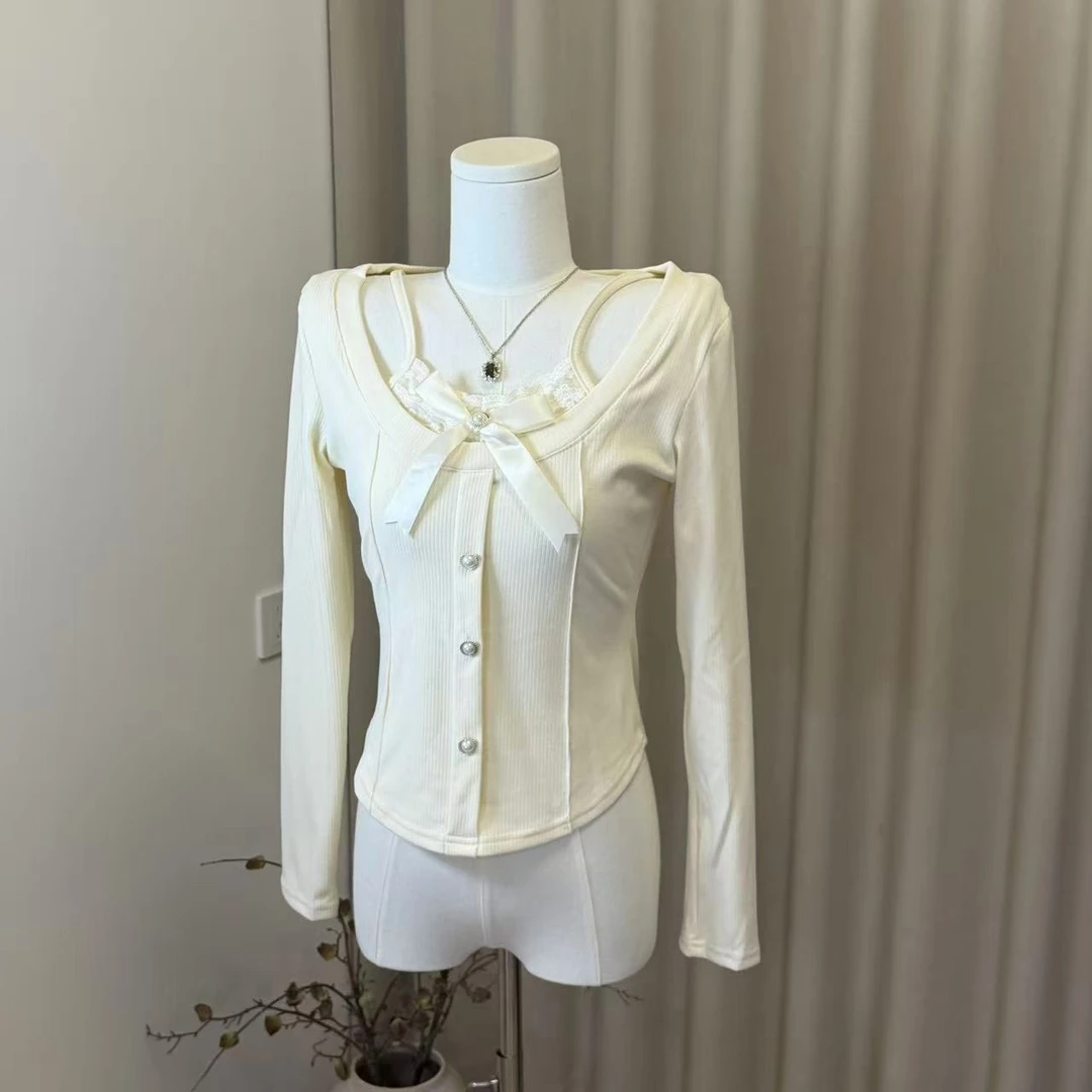 蕾丝拼接蝴蝶结假两件加厚长袖收腰显瘦内搭