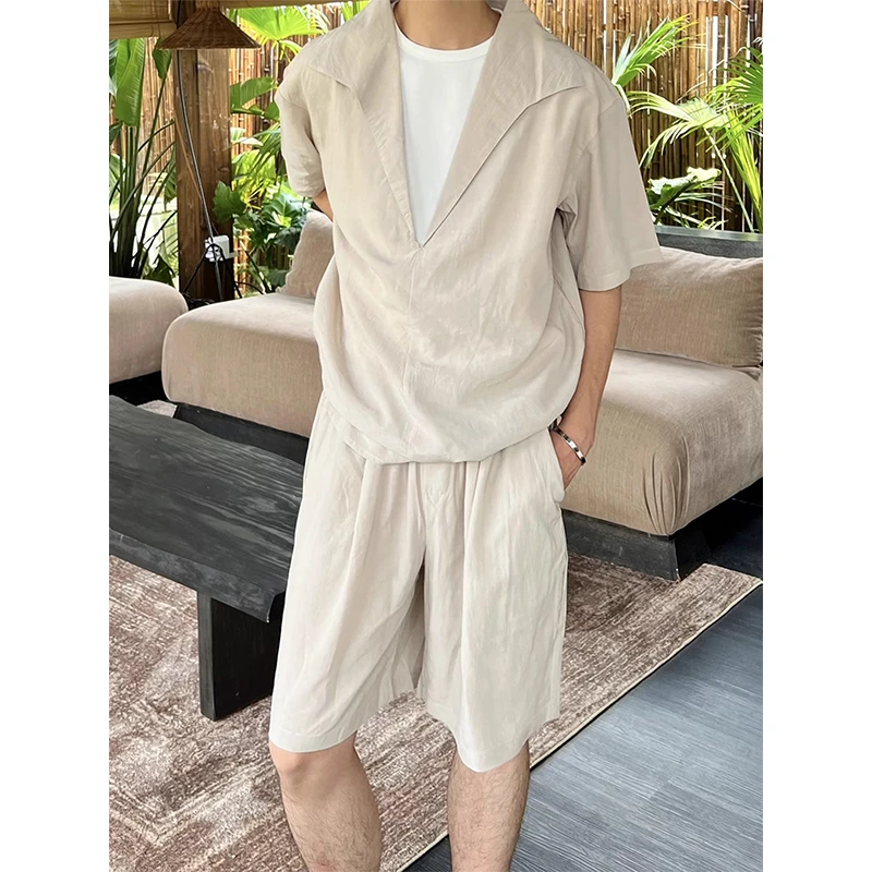 贵气老钱风穿搭套装男夏莱赛尔懒人套装轻奢高级感短袖短裤一整套