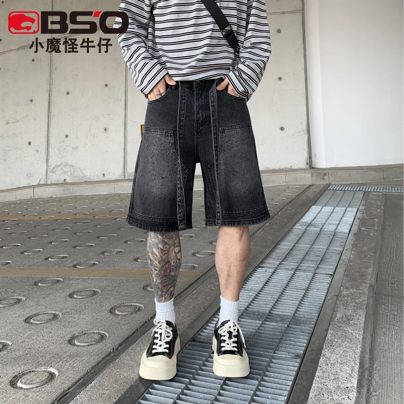 小魔怪夏季新款烫钻牛仔短裤男款潮牌宽松直筒美式高街五分裤中裤
