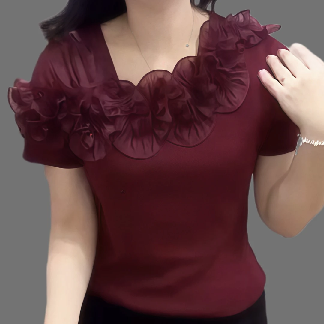 气质安可拉红荷叶边领短袖t恤女夏季新款2025时尚显瘦半袖上衣