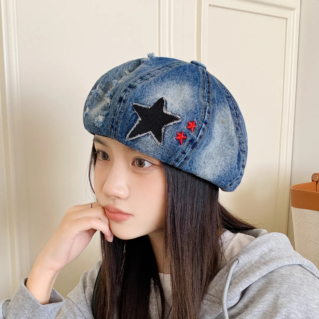 贝雷帽女帽子日系女款水洗贝雷帽刺绣五角星时尚秋冬季牛仔八角帽