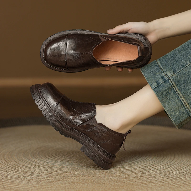 3.5CM，羊皮通勤一脚蹬乐福鞋学院百搭英伦风粗跟复古粗跟羊皮乐福