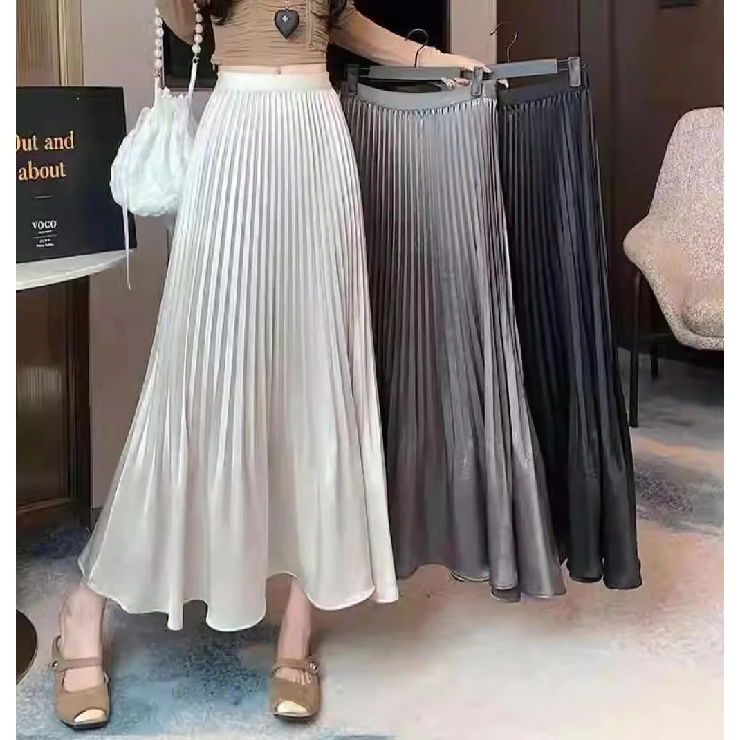缎面百褶半身裙女春夏2025新款中长款松紧高腰显瘦a字大摆裙1850