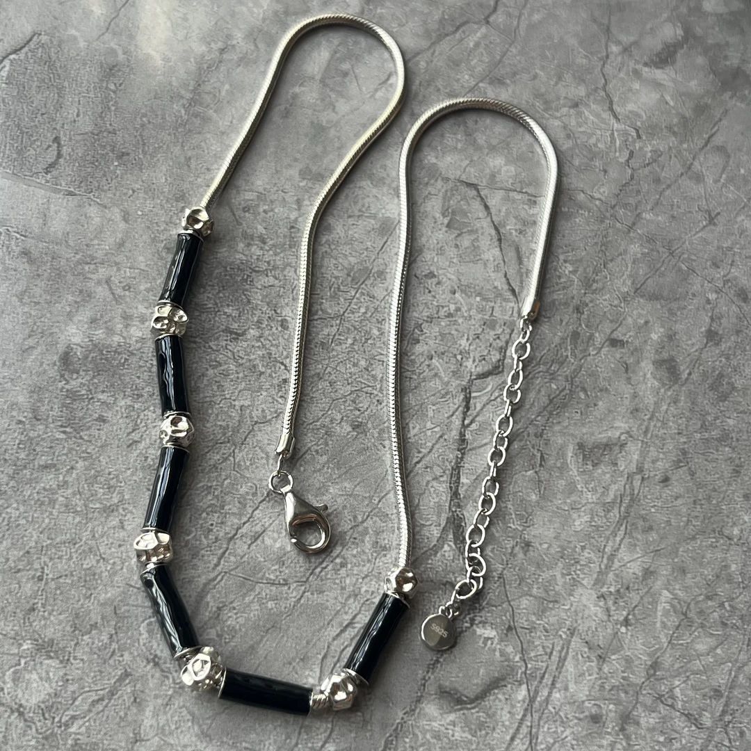 链子925银 黑釉隔段桶珠圆蛇骨颈链42+5 G32094高级轻奢