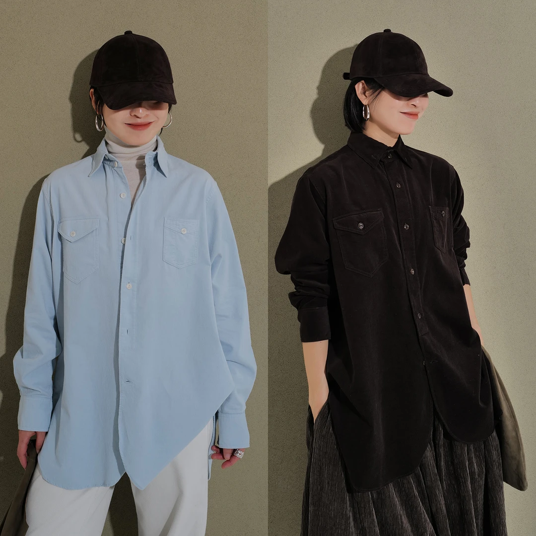 复古灯芯绒 全棉 浅蓝/咖啡色女翻领单排扣中长款休闲衬衫115602