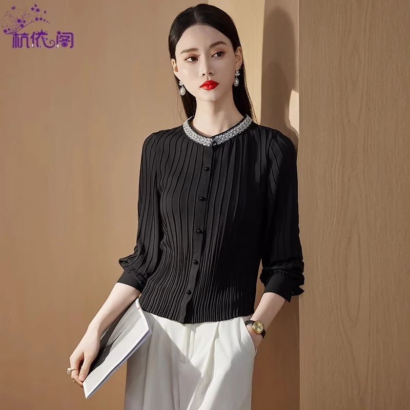 黑色衬衫女长袖2025春秋新款高级感气质独特钉珠褶皱雪纺小衫上衣