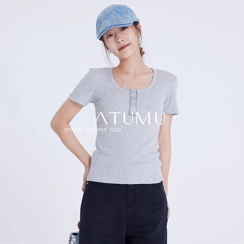 ATUMU「短袖系列」修身舒适 丨 高腰女莫代尔弹力U领打底T恤AT025