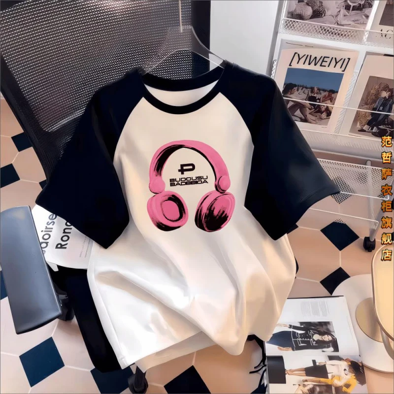 女童休闲黑白撞色短袖T恤2025夏装新款中大童洋气宽松百搭上衣潮