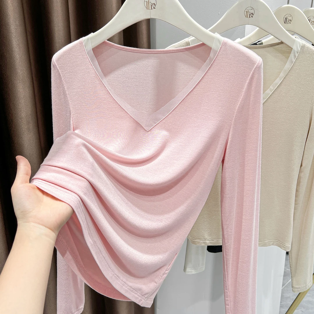 小众网纱拼接性感大V领上衣女粉色外穿长袖T恤小衫新款套头打底衫