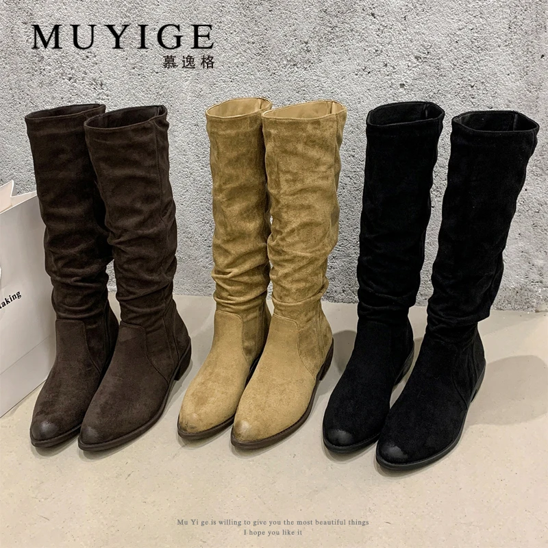 韩版复古长筒靴堆堆靴粗跟高筒靴高筒骑士靴瘦瘦靴中跟尖头牛仔靴